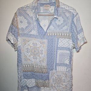 GUESS Men's Blue and White Patchwork Shirt
